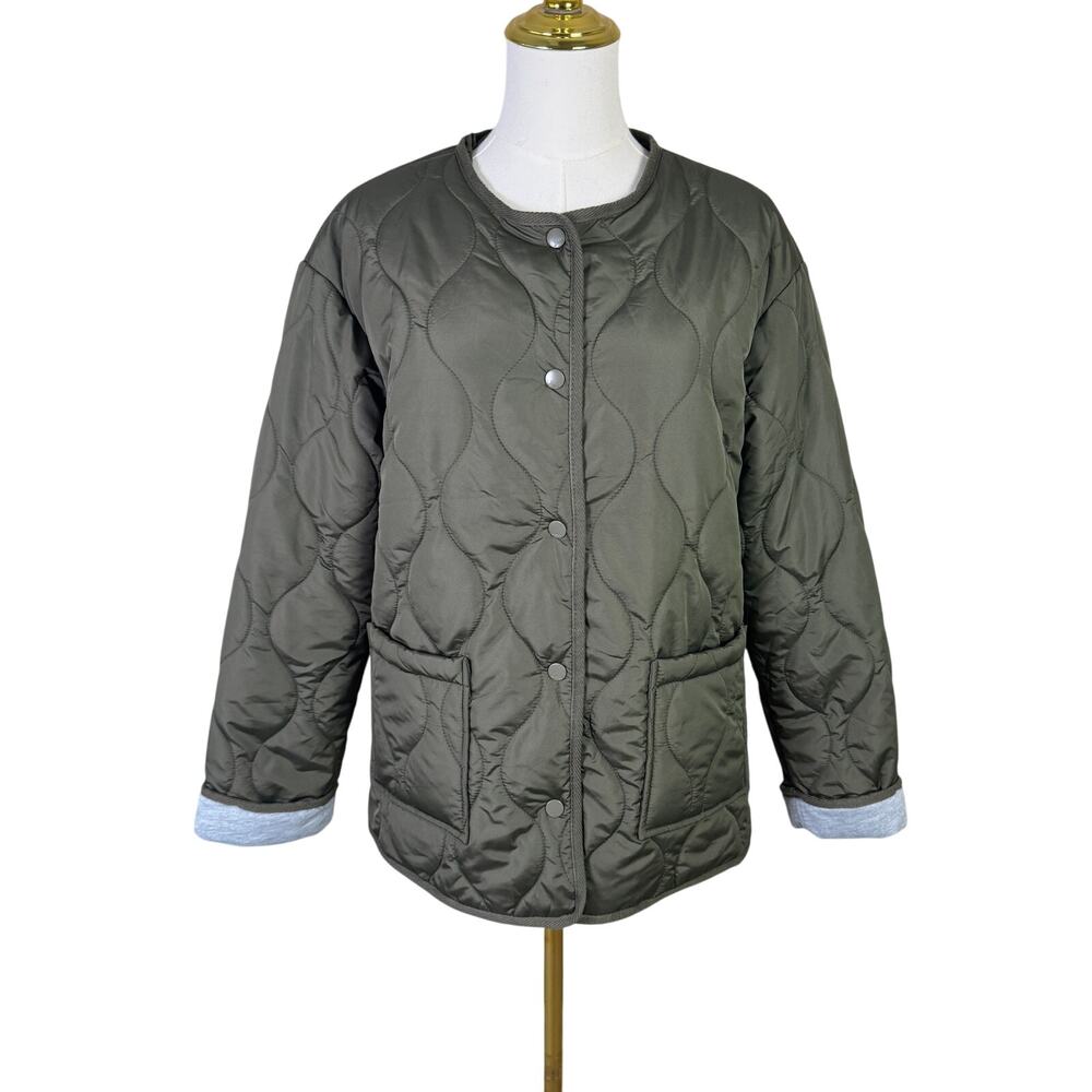 GH Bass & Co Quilted Lightweight Snap Puffer Olive Green Jacket US Women's S